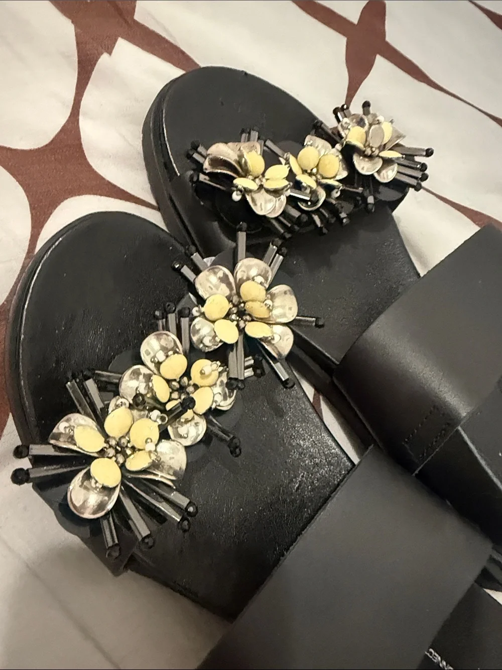 French Connection Black Slide Sandals with Yellow Floral Bead Accents